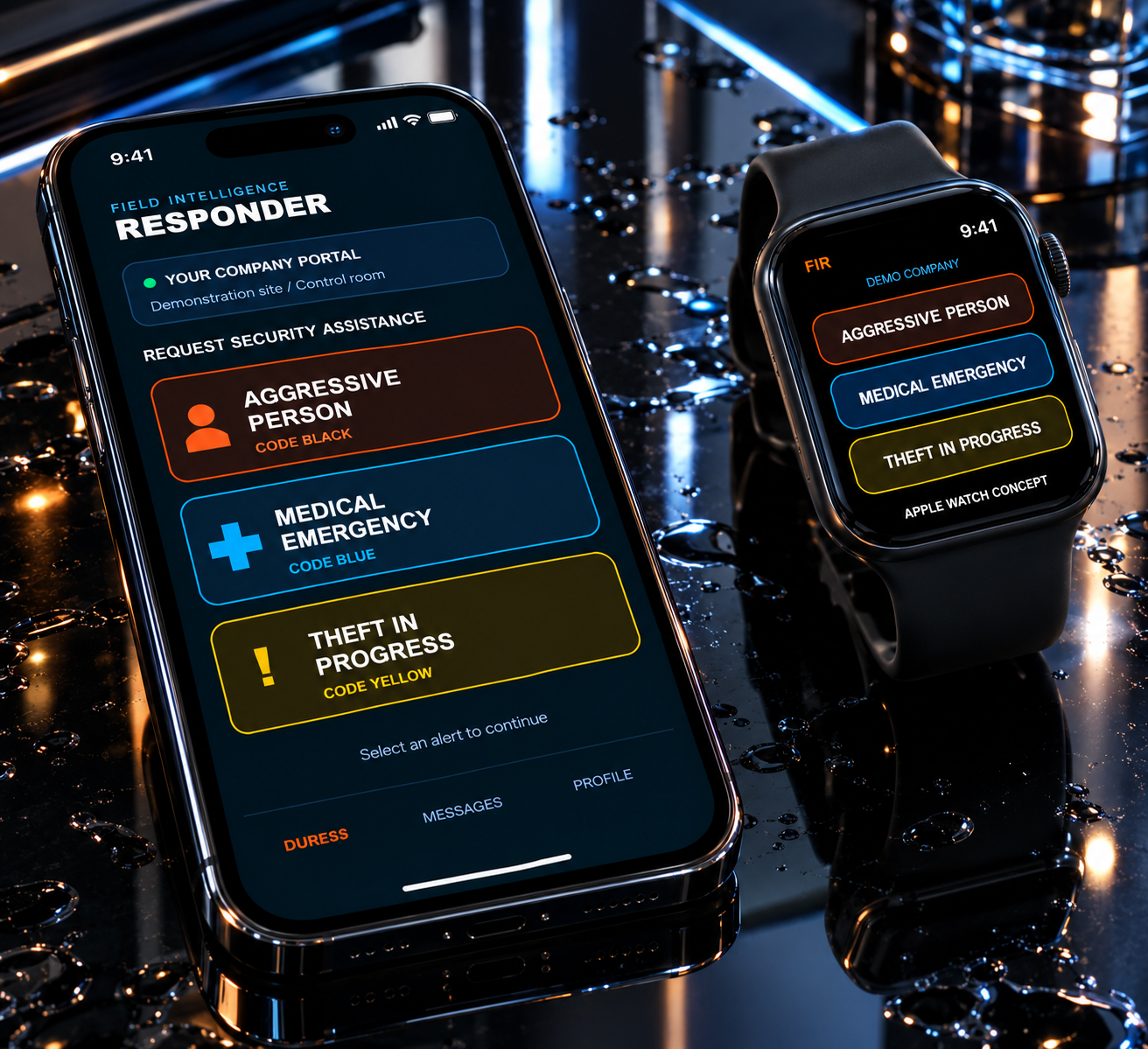 Illustrative FIR app screens on a modern iPhone-style device and Apple Watch concept