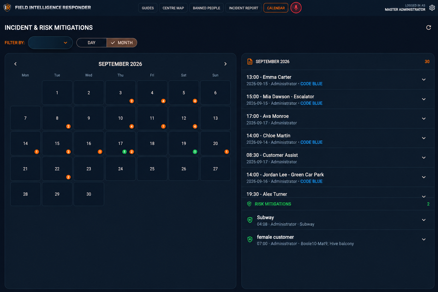 FIR incidents and risks interface